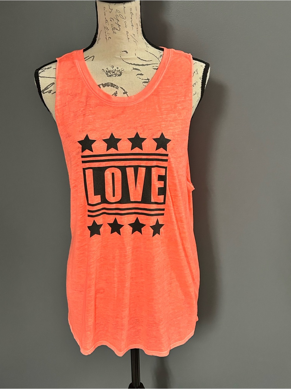 Neon Coral “LOVE” Open Back Graphic Tank Top – Size L